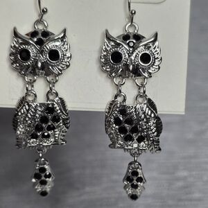 Cato Silver tone Black Rhinestone Owl dangle earrings